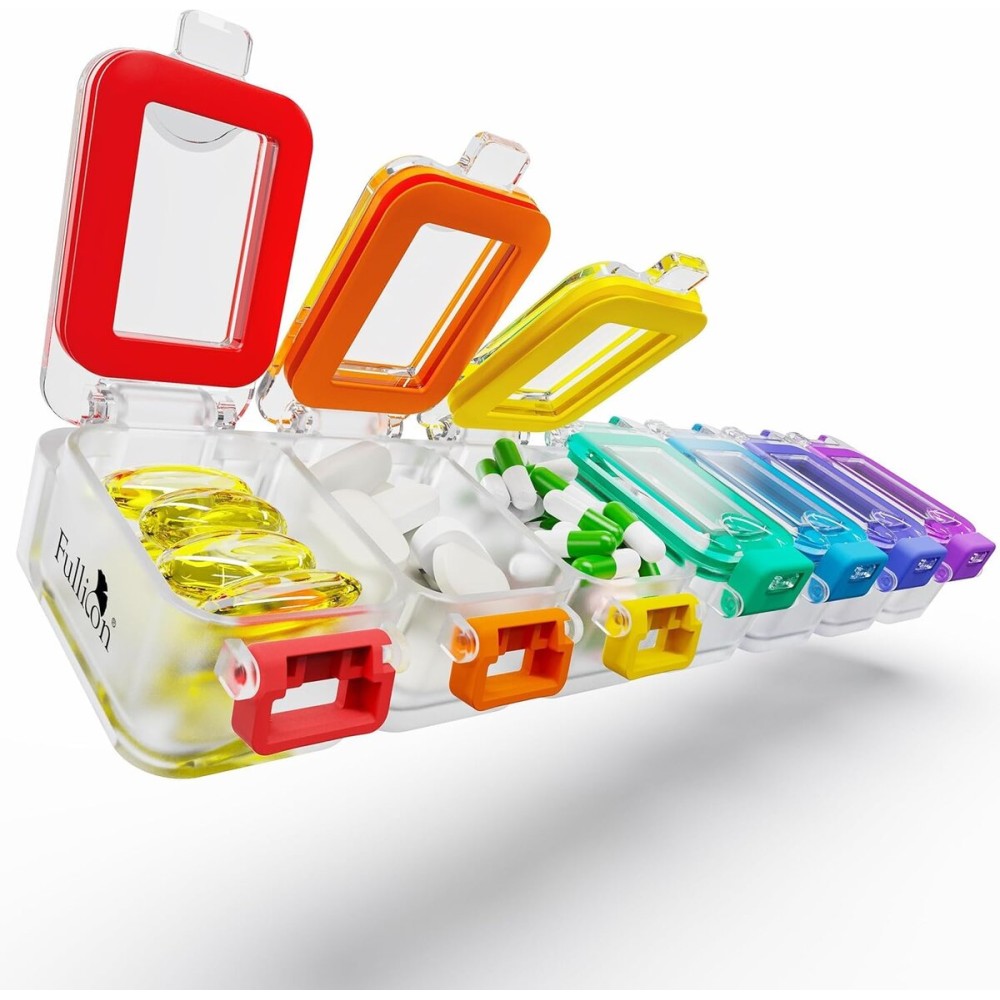 Fullicon Weekly Pill Organizer 7 Day Ultra Moisture and Spill Proof Daily Pill Box, Large Medicine Case with Secure Buckle, Compact Travel Pill Container for Pill, Vitamin, & Fish Oil (Rainbow Clear)