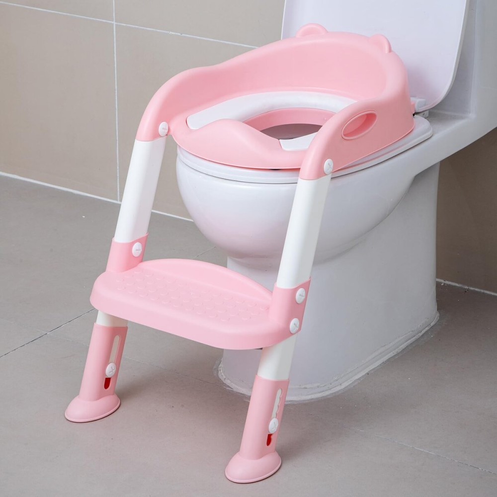 EGREE Potty Training Toilet Chair Seat with Step Stool Ladder for Kids and Toddler Boys Girls - Foldable Height Adjustable Children Toilet Training Seat with Safe Handles & Anti-Slip Pads, White-Pink