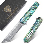 AUBEY Damascus Pocket Knife with Clip, Sharp Tanto Blade with VG10 Core Folding Knife with Abalone Shell Handle and Glass Breaker, EDC Camping Knife for Gift Survival Collection