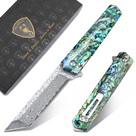 AUBEY Damascus Pocket Knife with Clip, Sharp Tanto Blade with VG10 Core Folding Knife with Abalone Shell Handle and Glass Breaker, EDC Camping Knife for Gift Survival Collection
