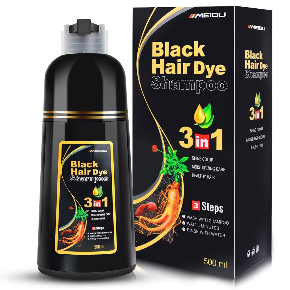 IIIMEIDU MEIDU Black Hair Dye Shampoo 3 in 1, Shampoo for Color Treated Hair 100% Gray Coverage for Women Men, Natural Herbal Ingredients Champu Para Canas pintar el pelo 500ml
