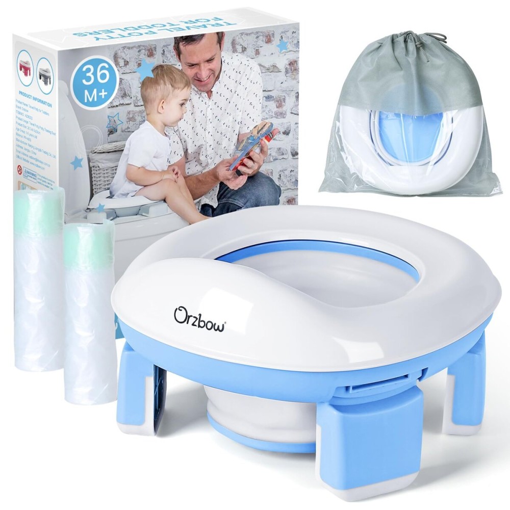Orzbow Portable Potty Training Toilet, Travel Potty Seat for Toddler Boys Girls with Splash Guard, Potty Training Essentials, Foldable, Includes Free Travel Bag and 40 Liners, Indoor/Outdoor Use, Blue