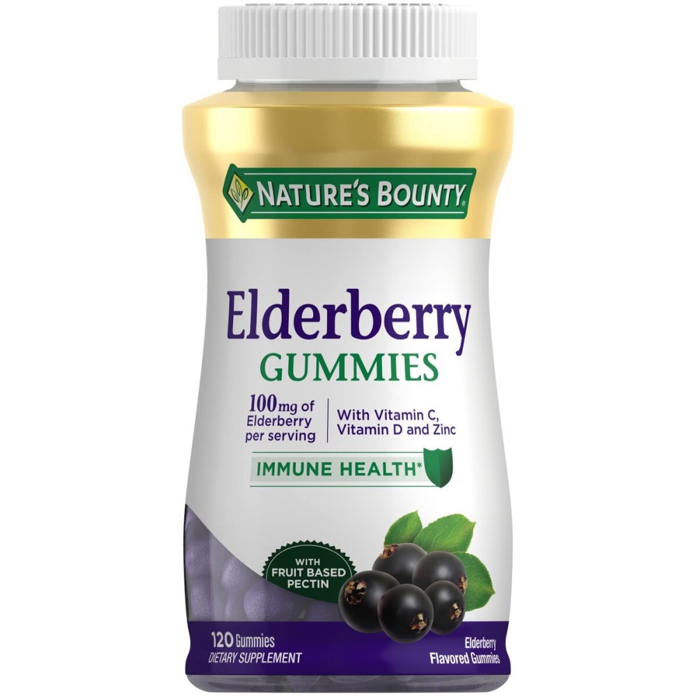 Nature\'s Bounty Elderberry Gummies, Dietary Supplement, Supports Immune Health, Contains Vitamin A, C, D, E and Zinc, 100 mg, 120 Gummies
