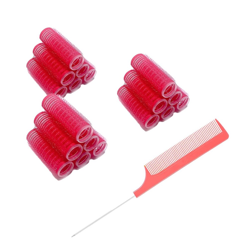 MOODKEY 18PCS Self Grip Small Hair Curlers Heatless Roller Hair Curlers Pro Salon Hairdressing Curler DIY Curly Hairstyle Hair Rollers Tools Rat Tail Comb for Women Medium Short Hair(Red)