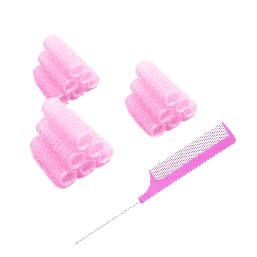 MOODKEY 18PCS Self Grip Small Hair Curlers Heatless Roller Hair Curlers Pro Salon Hairdressing Curler DIY Curly Hairstyle Hair Rollers Tools Rat Tail Comb for Women Medium Short Hair(Pink)