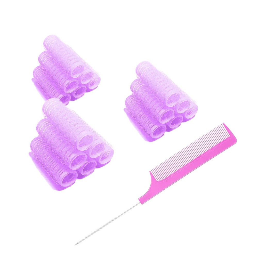 MOODKEY 18PCS Self Grip Small Hair Curlers Heatless Roller Hair Curlers Pro Salon Hairdressing Curler DIY Curly Hairstyle Hair Rollers Tools Rat Tail Comb for Women Medium Short Hair(Purple)