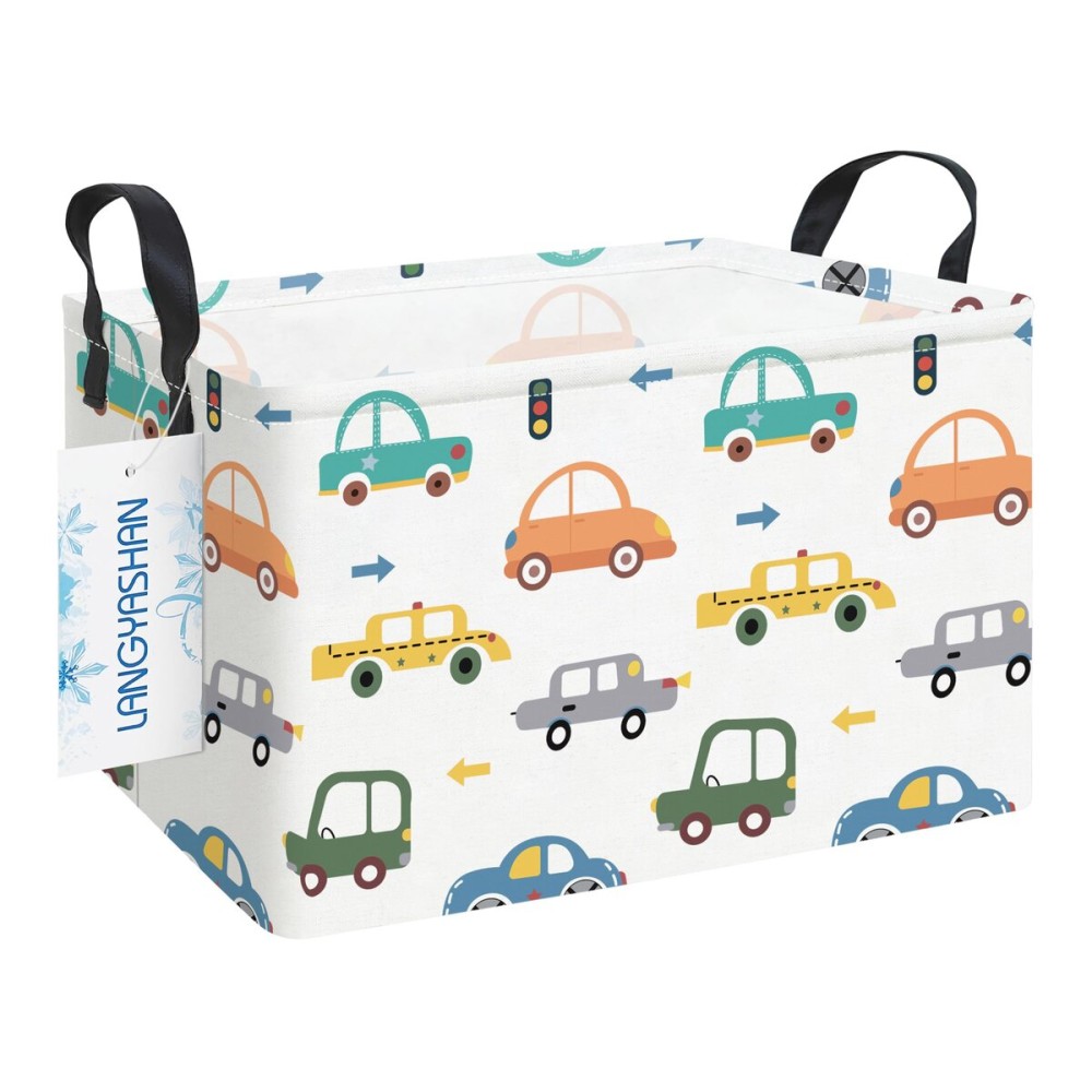 LANGYASHAN Rectangular Storage Bin Collapse Canvas Fabric Cartoon Storage Basket with Handles for Organizing Home Kitchen Boys and Girls Toys Office Closet Shelf Baskets(Rec Color Cars)