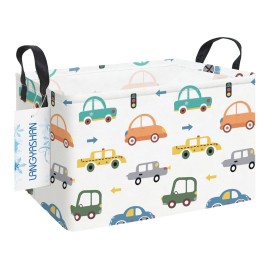 LANGYASHAN Rectangular Storage Bin Collapse Canvas Fabric Cartoon Storage Basket with Handles for Organizing Home Kitchen Boys and Girls Toys Office Closet Shelf Baskets(Rec Color Cars)