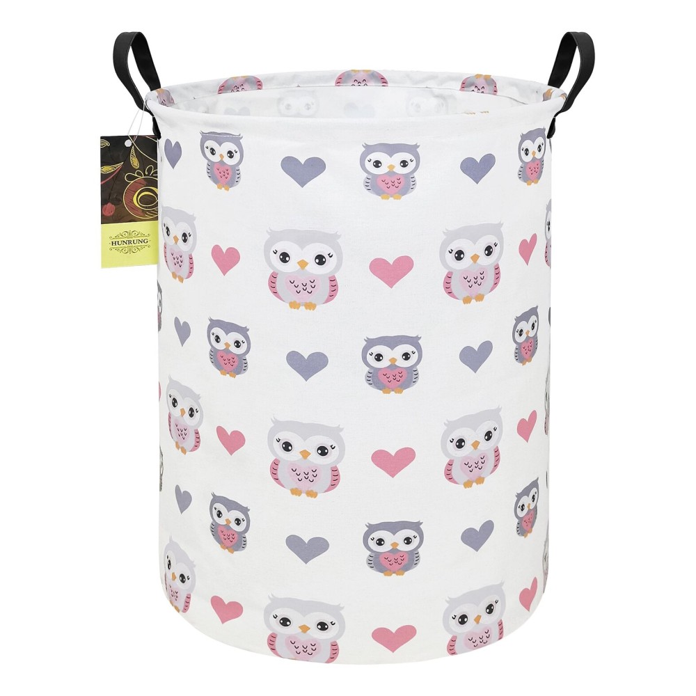HUNRUNG Laundry Hamper,Large Canvas Fabric Lightweight Storage Basket Toy Organizer Dirty Clothes Collapsible Waterproof for College DormsRound-Love Owl