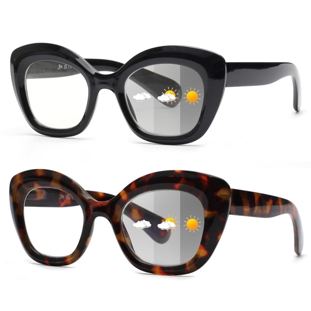 JM 2 Pack Photochromic Reading Sunglasses for Women, Cat Eye Blue Light Blocking Computer Readers, Spring Hinge, Black & Tortoise +1.5