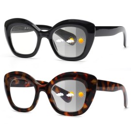 JM 2 Pack Photochromic Reading Sunglasses for Women, Cat Eye Blue Light Blocking Computer Readers, Spring Hinge, Black & Tortoise +1.5