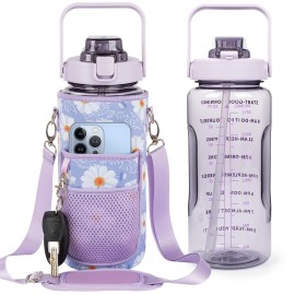 Chokoter Half Gallon Water Bottle with Sleeve, 64OZ Motivational Water Bottle with Straw & Time Marker, BPA Free Leakproof Large Sports Water Bottle, Reusable Water Jug for Workout Gym Sport