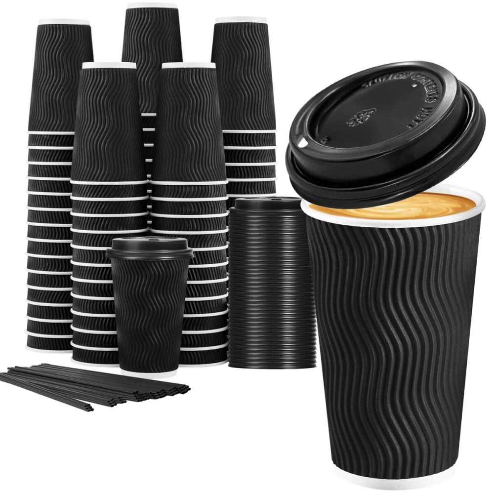 Lamosi 16 oz Disposable Coffee Cups with Lids, 50 Pack Insulated Hot Cups To Go Paper Coffee Cups with Lids and Straws, Corrugated Ripple Wall Cup for Hot Drink, Office, Coffee Bar (Black)