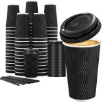 Lamosi 16 oz Disposable Coffee Cups with Lids, 50 Pack Insulated Hot Cups To Go Paper Coffee Cups with Lids and Straws, Corrugated Ripple Wall Cup for Hot Drink, Office, Coffee Bar (Black)