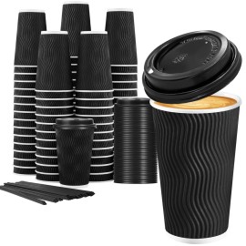 Lamosi 16 oz Disposable Coffee Cups with Lids, 50 Pack Insulated Hot Cups To Go Paper Coffee Cups with Lids and Straws, Corrugated Ripple Wall Cup for Hot Drink, Office, Coffee Bar (Black)