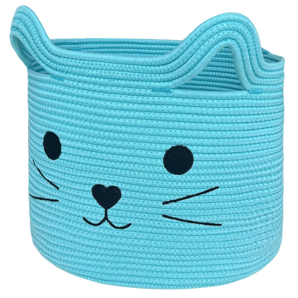VK VKLIVING Large Cat Toy Basket with Handles 15Lx14H Cotton Rope Toy Box with Cat Design, Cute Animal Basket for Laundry, Baby, Towels, Blankets, Woven Cotton Rope Storage Organizer Blue