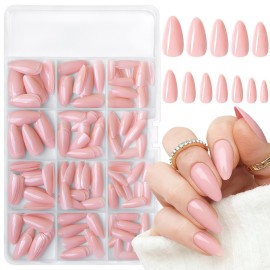 LoveOurHome 240pc Almond Press on Nails Medium Length, Colored Nude Fake Nail Tips Full Cover Artificial Fingernail French Stiletto Manicure with Adhesive Tabs for Women Girls Kids
