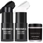 BOBISUKA Black White Face Paint Stick with Setting Powder Set, Eye Black Sticks for Sports, Body Paints for Clown Skeleton Vampire Skull Cosplay Special Effects Costume SFX Halloween Makeup Kit