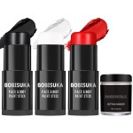 BOBISUKA Black White Red Face Paint Stick with Setting Powder Set Clown Makeup Eye Black Sticks for Sports, Body Paints for Halloween Joker Skeleton Cosplay Special Effects Costume SFX Stage Kit