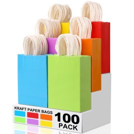 XPCARE 100Pcs Paper Gift Bags,6.3x3.15x8.66 Kraft Paper Party Favor Bulk Rainbow Goodie Small Gift Bags with Handles for Kids Birthday Baby Shower Crafts Wedding Party Supplies (6 Colors)