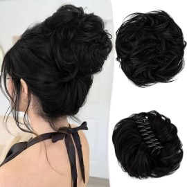 RUWISS Claw Clip Messy Bun Hair Piece Real Human Hair Buns Wavy Curly Chignon Hair Bun Extensions Tousled Updo Claw Clip Ponytail Hairpieces (Black)