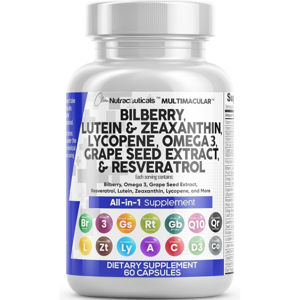 Clean Nutra Eye Vitamins with Bilberry Lutein and Zeaxanthin Supplements Lycopene 40mg Resveratrol Grape Seed Astaxanthin for Eyes - Eye Care Health Support Eye Vitamin and Mineral Supplement