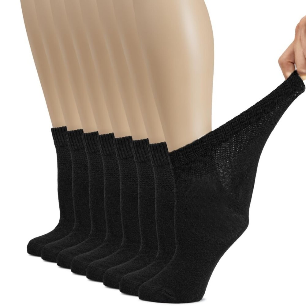 Hugh Ugoli Women\'s Cotton Diabetic Ankle Socks, Wide, Thin, Loose Fit and Stretchy, Seamless Toe & Non Binding Top, 8 Pairs, Black, Shoe Size: 10-12