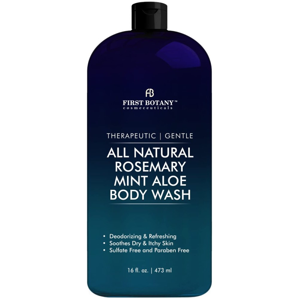 First Botany, ALL Natural Body Wash - Fights Body Odor, Athlete\'s Foot, Jock Itch, Nail Issues, Dandruff, Acne, Eczema, Shower Gel for Women & Men, Skin Cleanser -16 fl oz (Rosemary Mint)