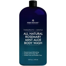 First Botany, ALL Natural Body Wash - Fights Body Odor, Athlete\'s Foot, Jock Itch, Nail Issues, Dandruff, Acne, Eczema, Shower Gel for Women & Men, Skin Cleanser -16 fl oz (Rosemary Mint)