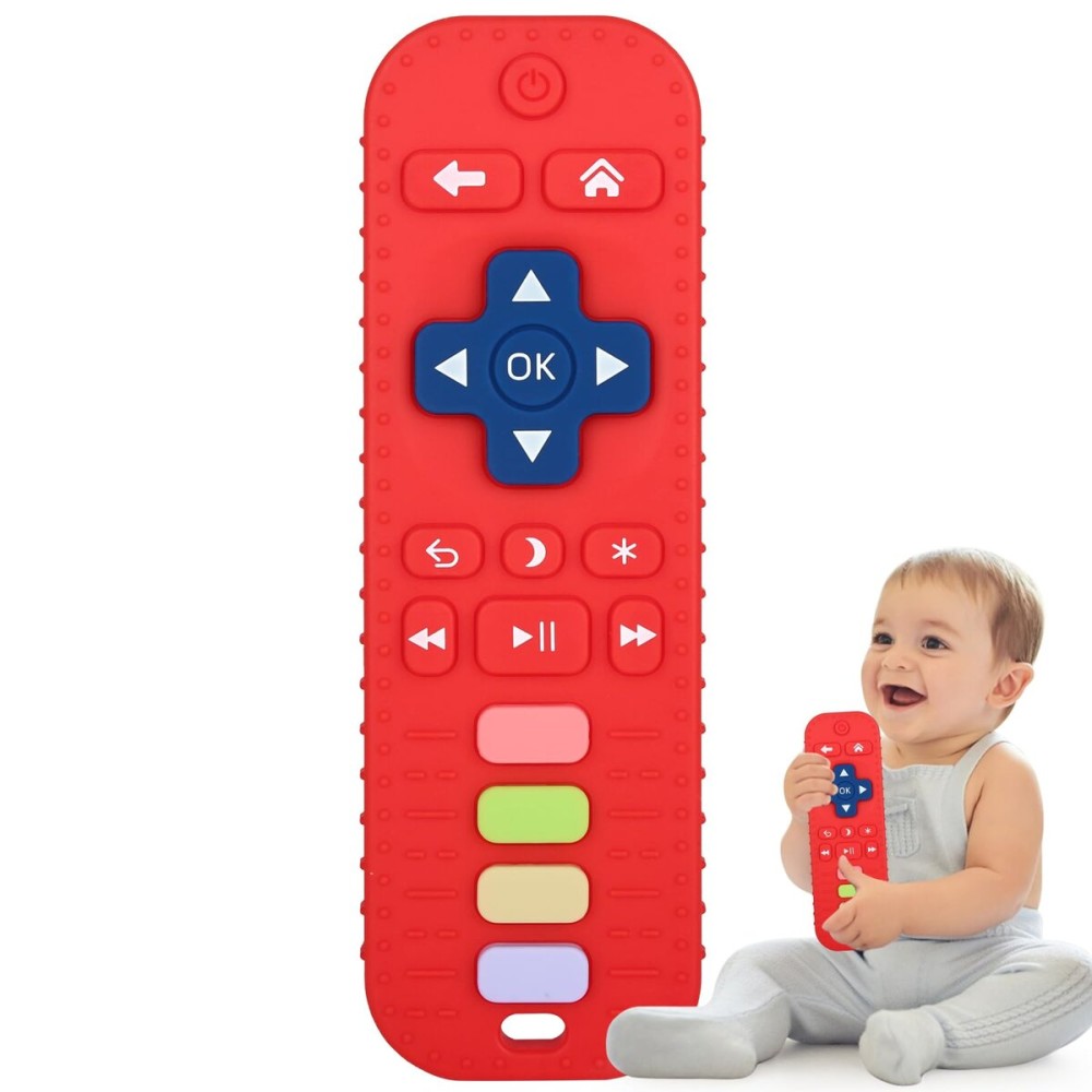 Fu Store Silicone Teething Toys for 0-12 Months 3-24 Months Infant Toddlers Remote Control Shape Teethers for Babies Chew Toys Relief Soothe Babies Gums Set Dishwasher and Refrigerator Safe Red