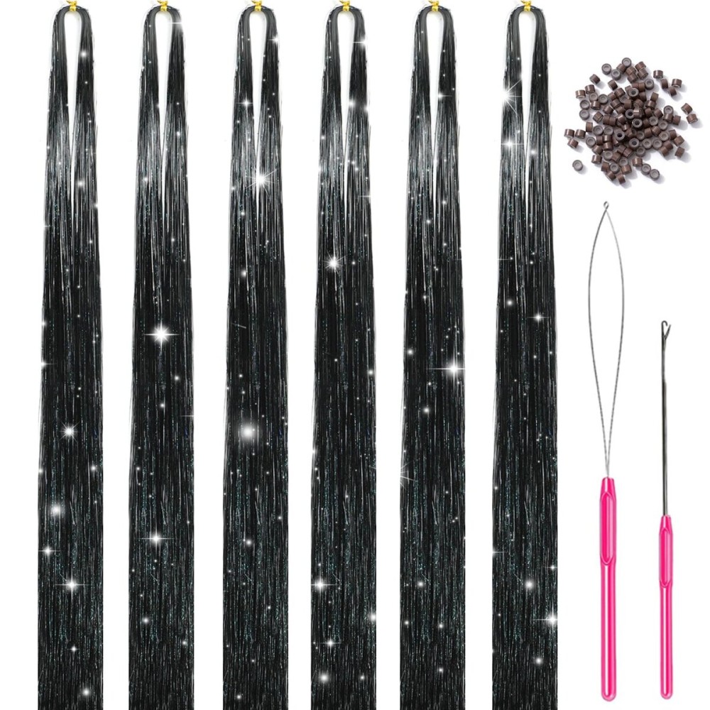 MISSUHUI Hair Tinsel Kit With Tools 47Inch 1200 Strands Glitter Tinsel Hair Extensions Sparkling Shiny Fairy Hair Tinsel Strands Kit Heat Resistant for Women Girls 6Pcs (Black)