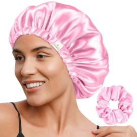 YANIBEST Adjustable Satin Bonnet Double Layer Hair Bonnet for Sleeping Bonnets for Women Hats Curly Natural Hair, Pink