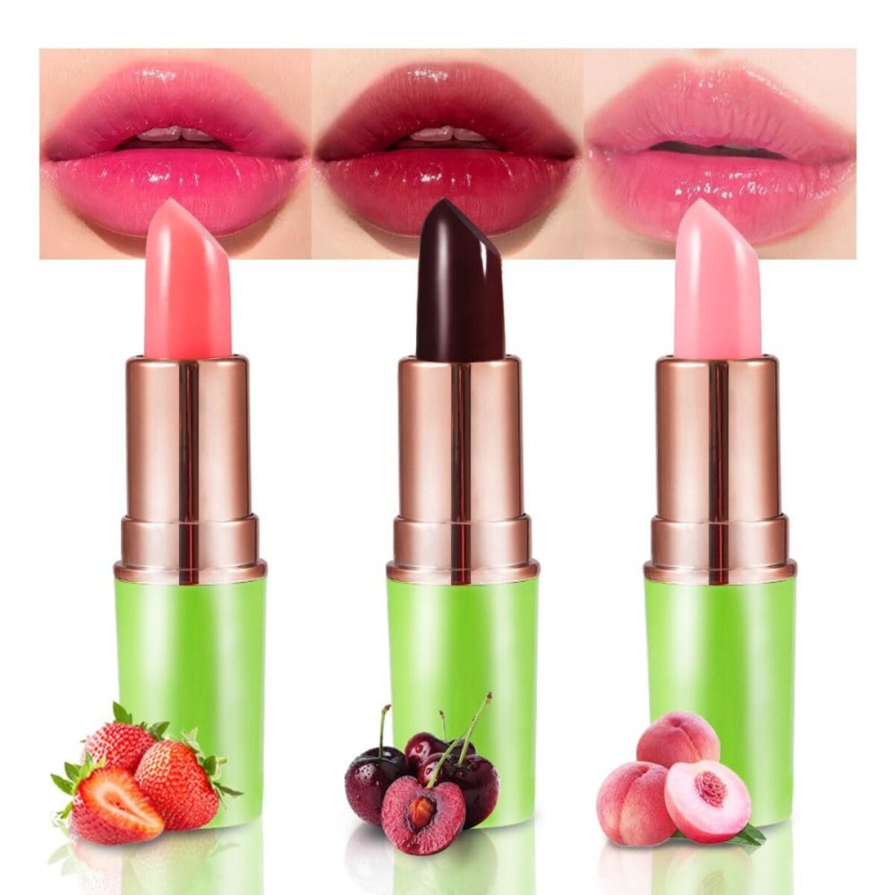 BINGBRUSH Aloe vera Color Changing Lipstick,Moisturizer Long Lasting Lip Care Magic Lip Gloss,Makeup Lipstick Set (3Pcs Strawberry+ Red Cherries+ Peach, 3 Count (Pack of 1))