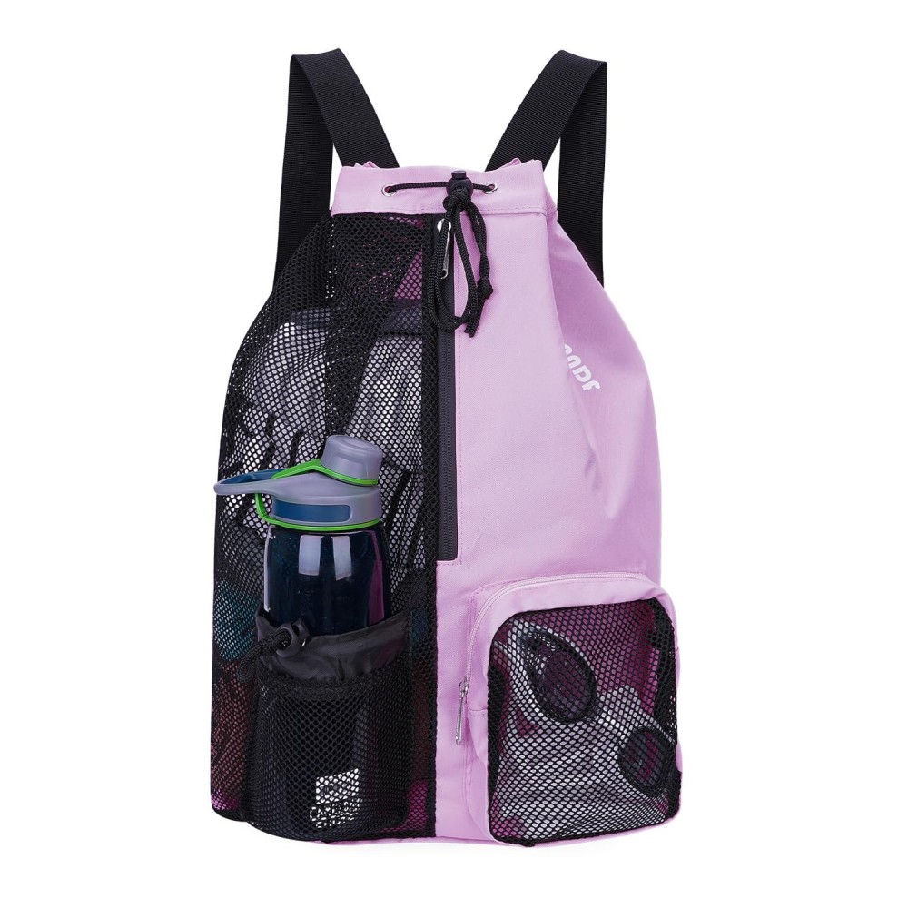 WANDF Swim Bag Mesh Drawstring Backpack with Wet Pocket Beach Backpack for Swimming, Gym, and Workout Gear (Purple)