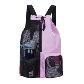 WANDF Swim Bag Mesh Drawstring Backpack with Wet Pocket Beach Backpack for Swimming, Gym, and Workout Gear (Purple)