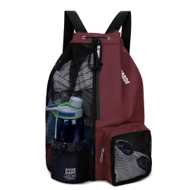 WANDF Swim Bag Mesh Drawstring Backpack with Wet Pocket Beach Backpack for Swimming, Gym, and Workout Gear (Red)