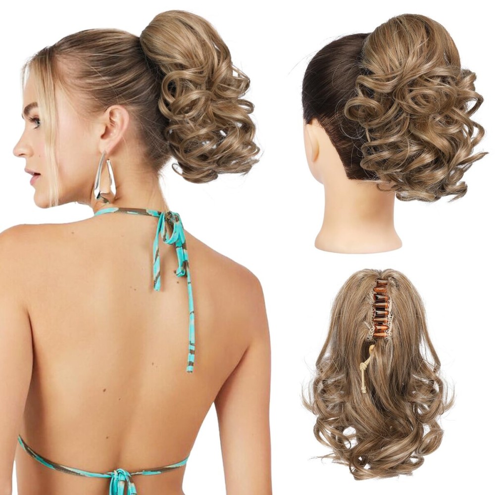REECHO 9 Short Ponytail Extension, Classic Loose Curly Wavy Claw Clip Pony tails Hair Extensions HP001 Hairpieces for Women - Light Golden Brown