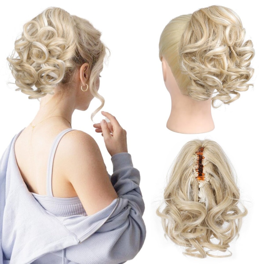 REECHO 9 Short Ponytail Extension, Classic Loose Curly Wavy Claw Clip Pony tails Hair Extensions HP001 Hairpieces for Women - Natural Blonde with Highlights