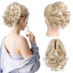 REECHO 9 Short Ponytail Extension, Classic Loose Curly Wavy Claw Clip Pony tails Hair Extensions HP001 Hairpieces for Women - Natural Blonde with Highlights