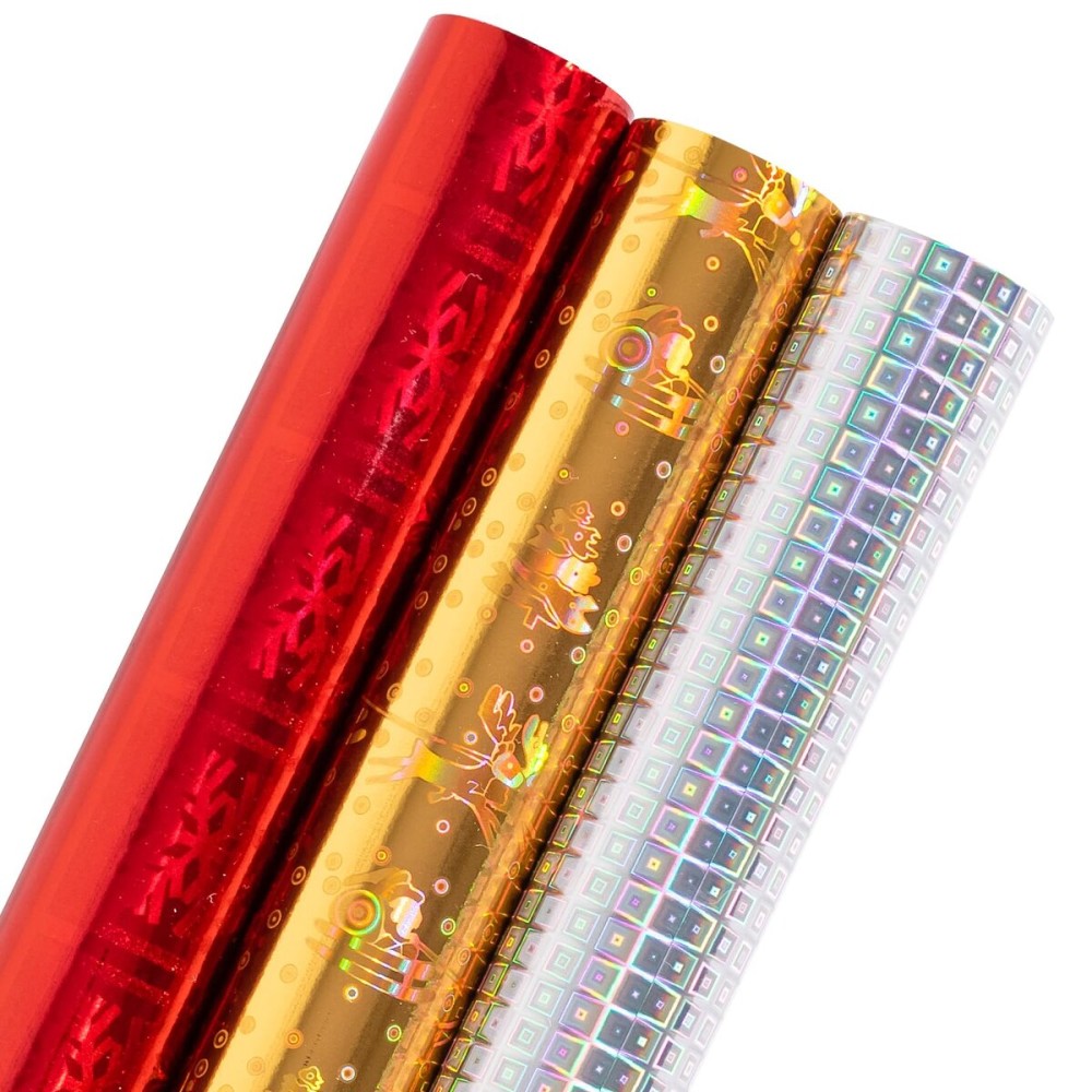 LeZakaa Holographic Foil Wrapping Paper - Mini Roll - Red Snowflake/Gold Bell/Silver Blocks for Christmas, Holiday, Birthday - 17 x 120 inches - 3 Rolls (42.5 sq.ft.ttl.)