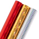 LeZakaa Holographic Foil Wrapping Paper - Mini Roll - Red Snowflake/Gold Bell/Silver Blocks for Christmas, Holiday, Birthday - 17 x 120 inches - 3 Rolls (42.5 sq.ft.ttl.)