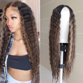 Wigs 30 Inch Curly Highlight Honey Blonde Wig Long Synthetic Curly Hair Wigs Small Lace Front Wigs for Women Loose Deep Wave Wig Middle Part Natural Looking Crimps Curls Hair Replacement Wigs