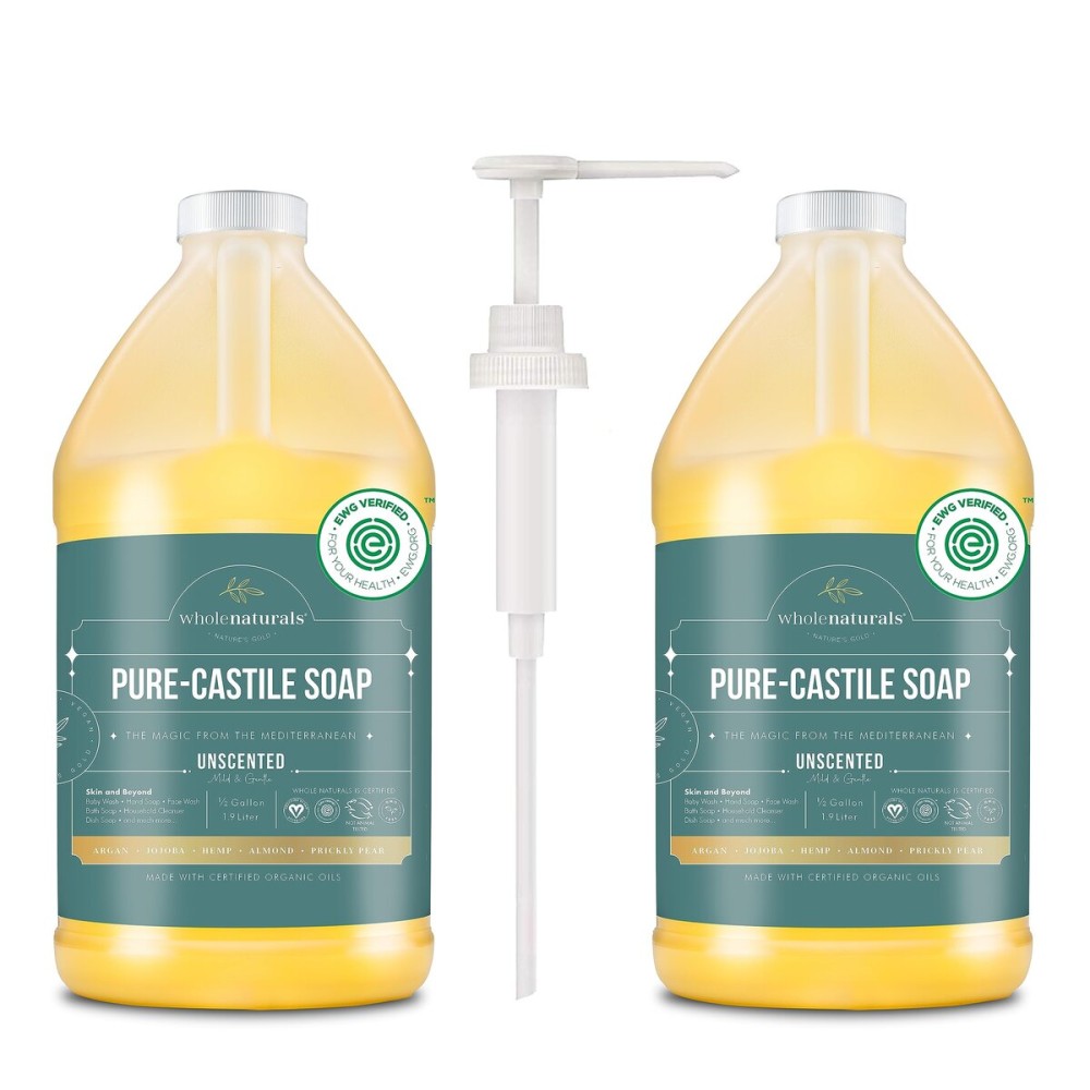 WHOLENATURALS Pure Castile Soap Liquid, EWG Verified & Certified Palm Oil Free Unscented, Natural, Mild & Gentle Non-gmo & Vegan - Organic Body Wash, Laundry, Pet/Dog and Baby Soap -Pack of 2 w/pump