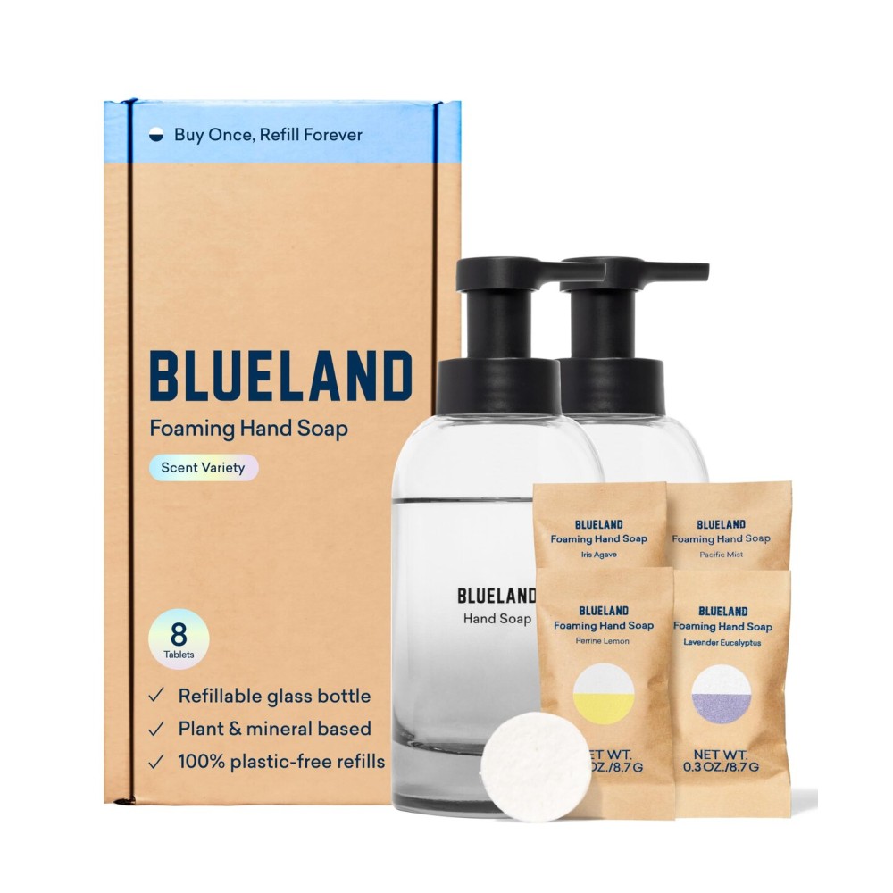 BLUELAND Hand Soap Duo, 2 Refillable Glass Foaming Hand Soap Dispensers with 8 Refill Tablets, Variety Scents, 8 x 9 Fl oz