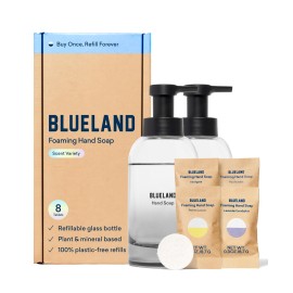 BLUELAND Hand Soap Duo, 2 Refillable Glass Foaming Hand Soap Dispensers with 8 Refill Tablets, Variety Scents, 8 x 9 Fl oz