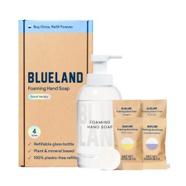 BLUELAND Hand Soap Starter Set, 1 Refillable Glass Foaming Hand Soap Dispenser with 4 Refill Tablets, Variety Scents, 4 x 9 Fl oz