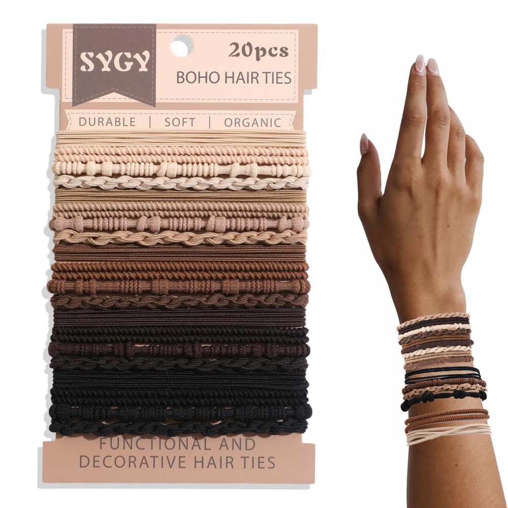 20 PCS Boho Hair Ties, Bracelets Hair Ties for Thick or Thin Hair, 4 Styles Boho Ties for Ponytail Holders, 2.36 Hair Ties No-Damage, Chirstmas Gifts, Brown