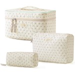 HBselect Quilted Makeup Bag, 3PCS Cotton Large Travel Makeup Bag, Cute Floral Coquette Make up Bag Cosmetic Bag Toiletry Bag for Women Girls