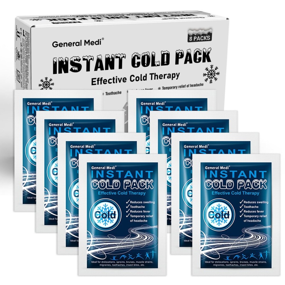 General Medi Instant Ice Cold Pack (4x 5.5) - 8 Packs Disposable Cold Therapy Ice Packs for Pain Relief, Swelling, Inflammation, Sprains, Toothache - for Athletes & Outdoor Activities