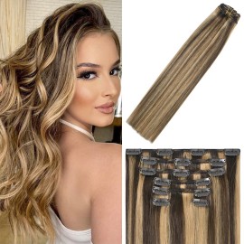 WindTouch Clip in Hair Extensions Human Hair 4p27 Balayage Chocolate Brown to Dark Blonde Highlights Blonde Hair Extensions 20Inch 75g 7PCS